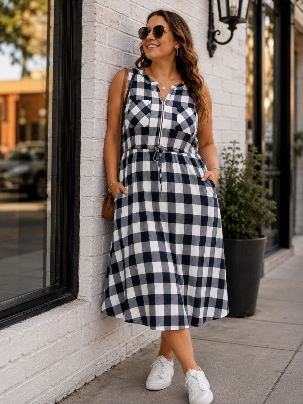 Torrid 3 Buffalo Plaid Midi Dress Navy White Sleeveless Plus Size 3X - Picture 2 of 11